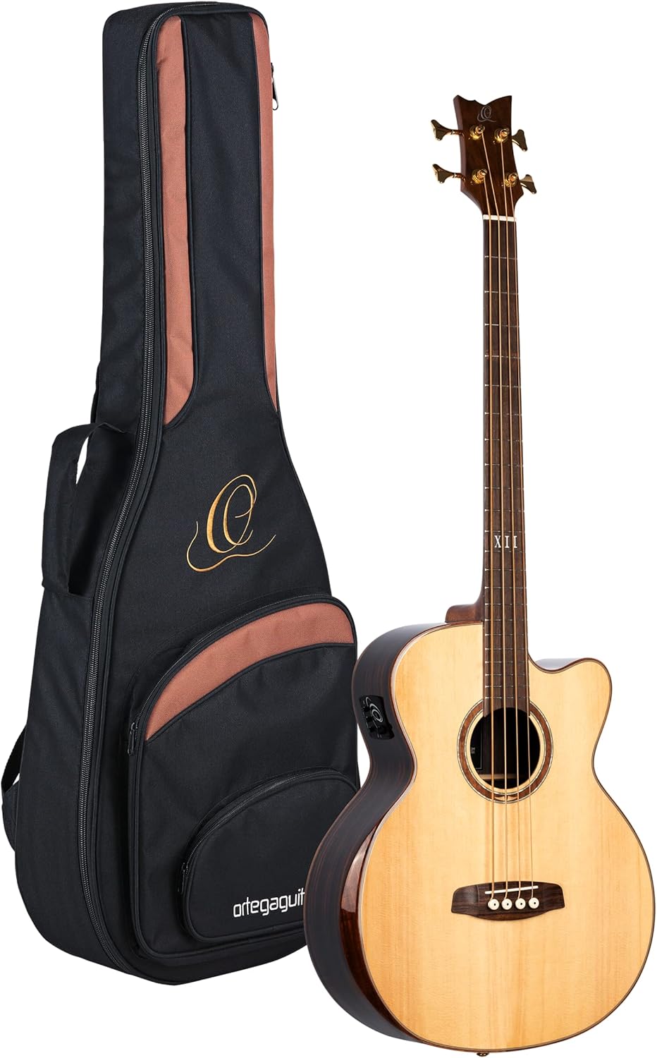 Ortega Guitars 4 String Private Room Striped Ebony Suite w/Arm Rest Solid Top Acoustic-Electric Bass w/Bag, Right (STRIPEDSU.ACB)