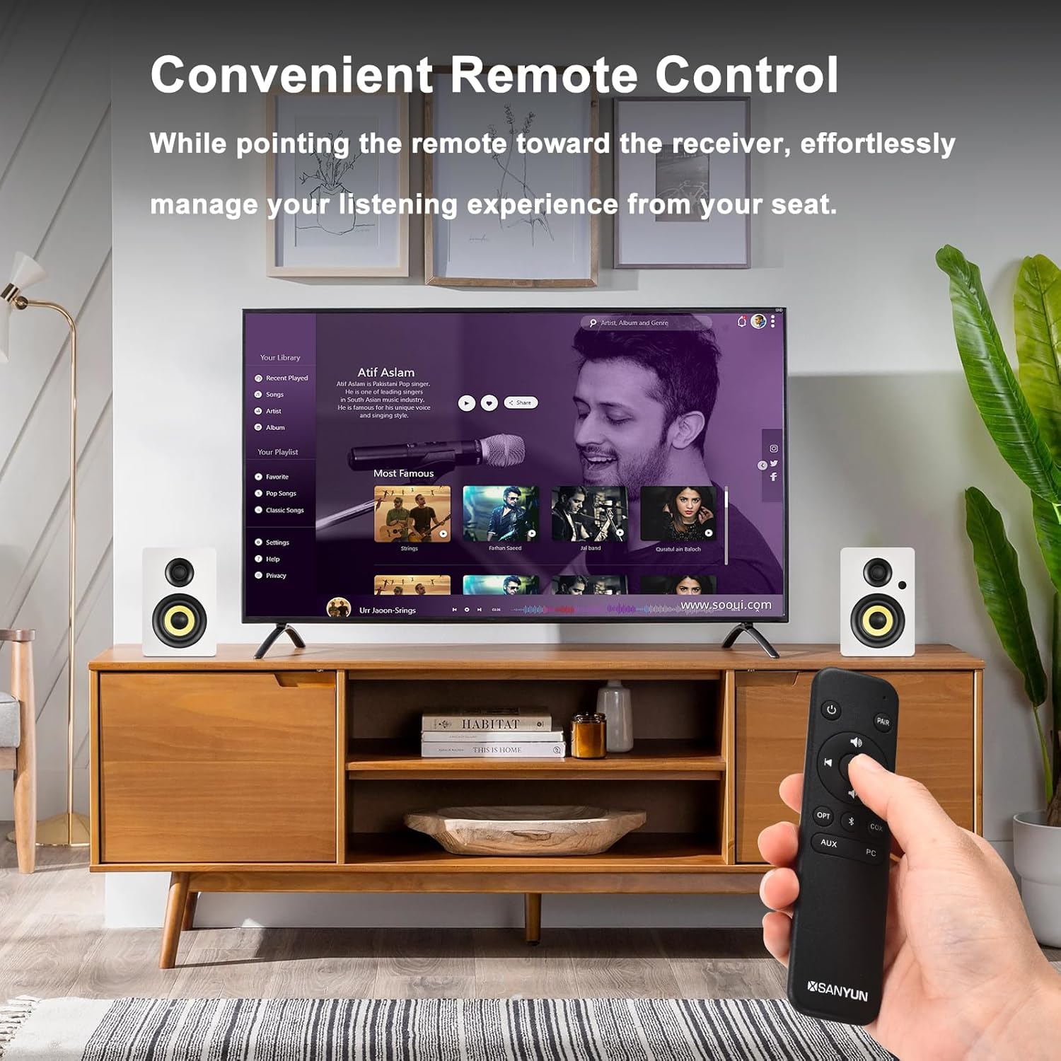 Sanyun SW206 4” HiFi Bookshelf Speakers with Studio Mode, 80W Active, Bluetooth 5.4/Optical/Coaxial/TRS/Aux/24bit DAC USB, for Turntable TV PC Desktop, MDF Cabinet, Remote Control, White