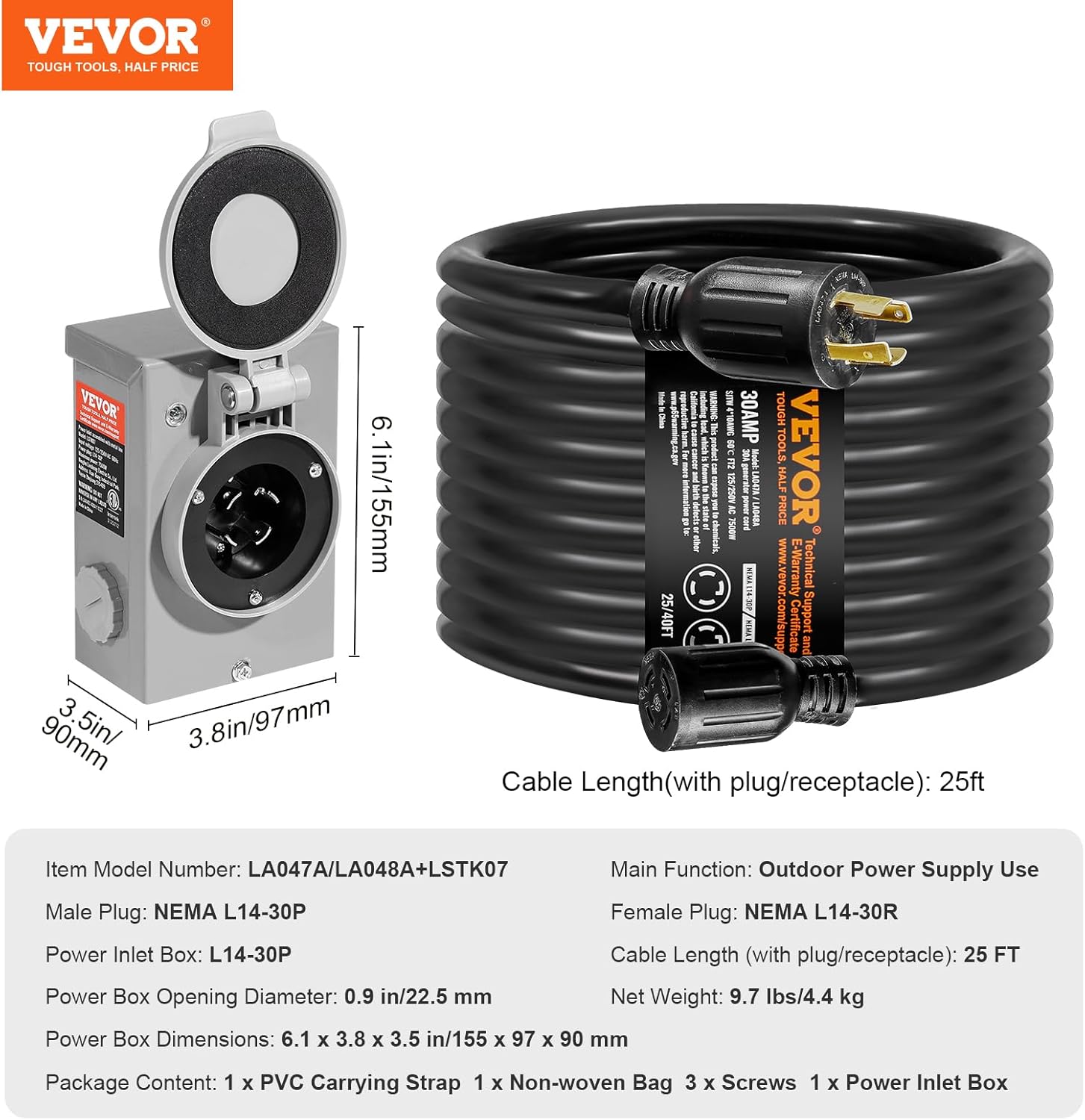 VEVOR 30 Amp Generator Cord and Power Inlet Box Kit, 25 FT Generator Extension Cord NEMA L14-30P/L14-30R STW 10 AWG with Twist Lock Connector, Pre-Drilled Inlet Box, ETL Listed