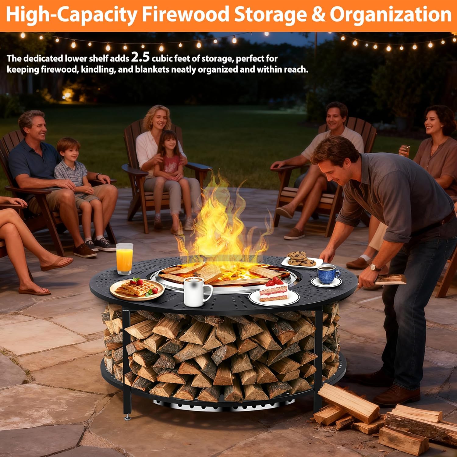 48.5 Inch Universal Fire Pit Surround Tabletop for Solo Stove Yukon & Tiki 27.5, Outdoor Patio Stand with Firewood Storage Shelf, Heavy Duty Steel, 200LB Capacity
