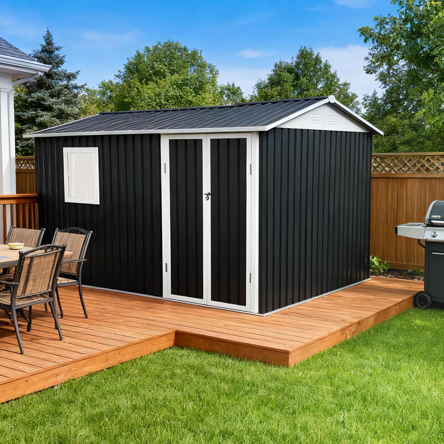 9x6 FT Outdoor Storage Shed, Metal Garden Tool Storage Shed with Lockable Door, Window and Vents, All-Weather Waterproof Heavy-Duty Metal Bike Sheds for Backyard, Patio, Lawn, Grey