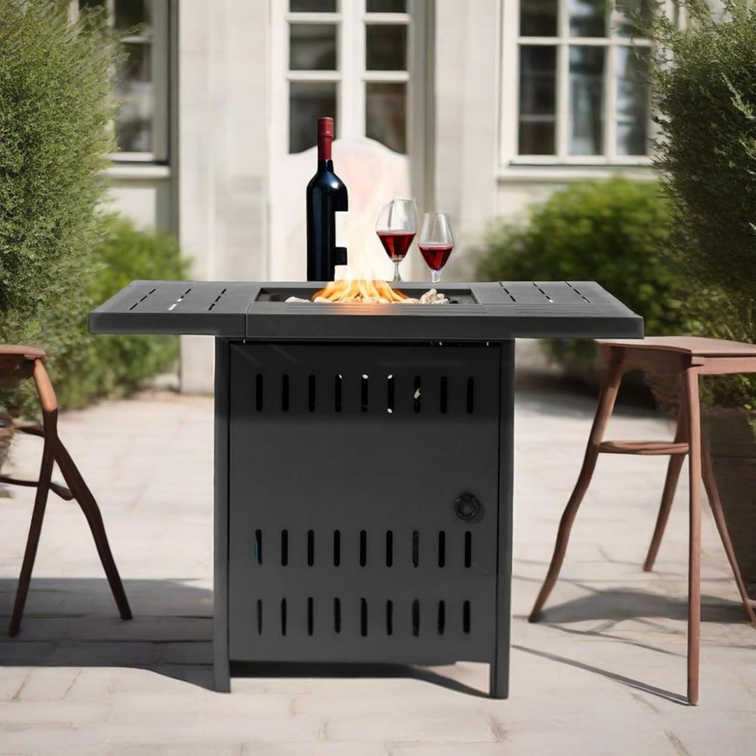 34in Steel Propane Fire Table 50000BTU Outdoor Gas Fireplace with Lava Rocks Stainless Burner Electronic Ignition Adjustable Flame Rectangular