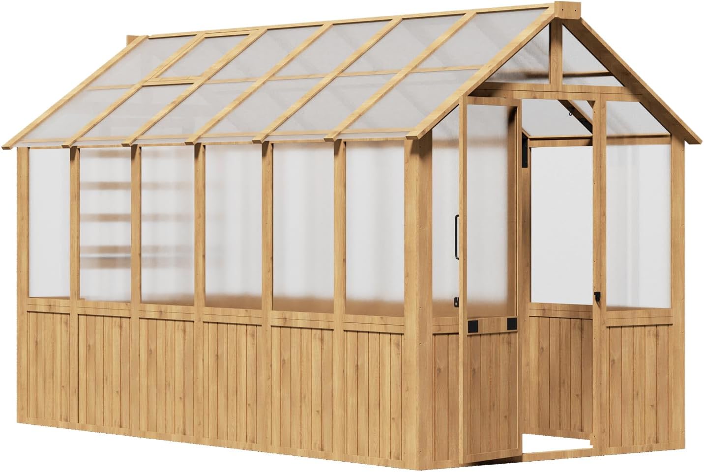 EBE 6'x12' Wood Greenhouse, Walk-in Greenhouse Outdoor with Polycarbonate Panel, Garden Greenhouses with Adjustable Roof Vent for Patio, Yard and Backyard