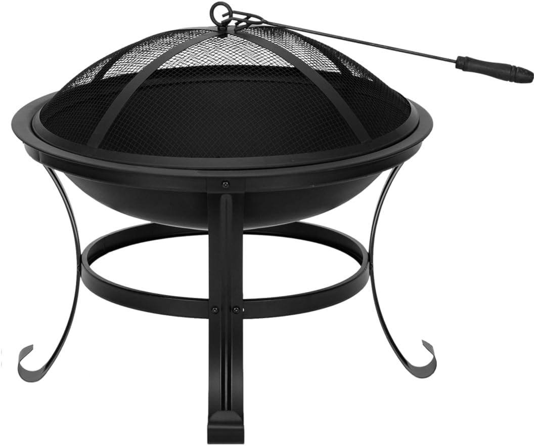 22 Inch Fire Pit, Wood Burning Fire Pits for Outdoor with Mesh Lid and Fire Picker, Durable Small Outside Fireplace for Bonfire, Backyard, Porch, Camping, Deck, Black