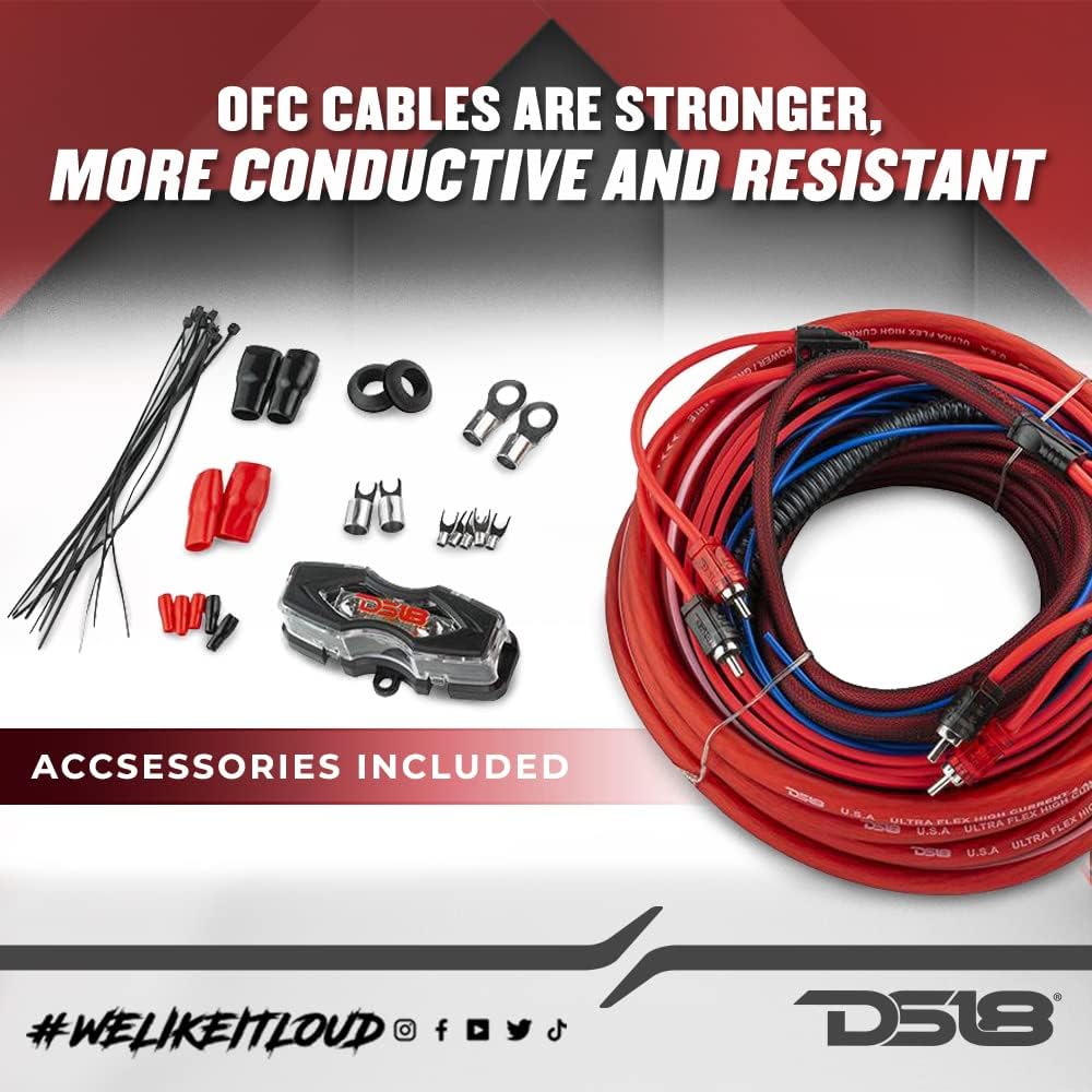 DS18 OFCKIT8 Ultra Flex Advance 8 Gauge Complete Amplifier Installation Wiring Kit 8GA with Fuse Holder and 80 Amp Fuse - Up to 960 Watts, OFC 100% Cooper