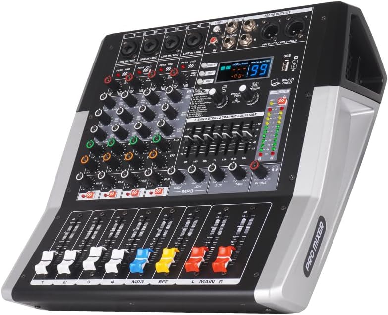 TF400 4-Channel Professional Audio Mixer with 99 DSP Sound with 7 Band Equalizer 4 Ohm 2 * 250 Watt Output +48V Bluetooth Power Amplifier for Recording DJ Stage/Karaoke (TF400)