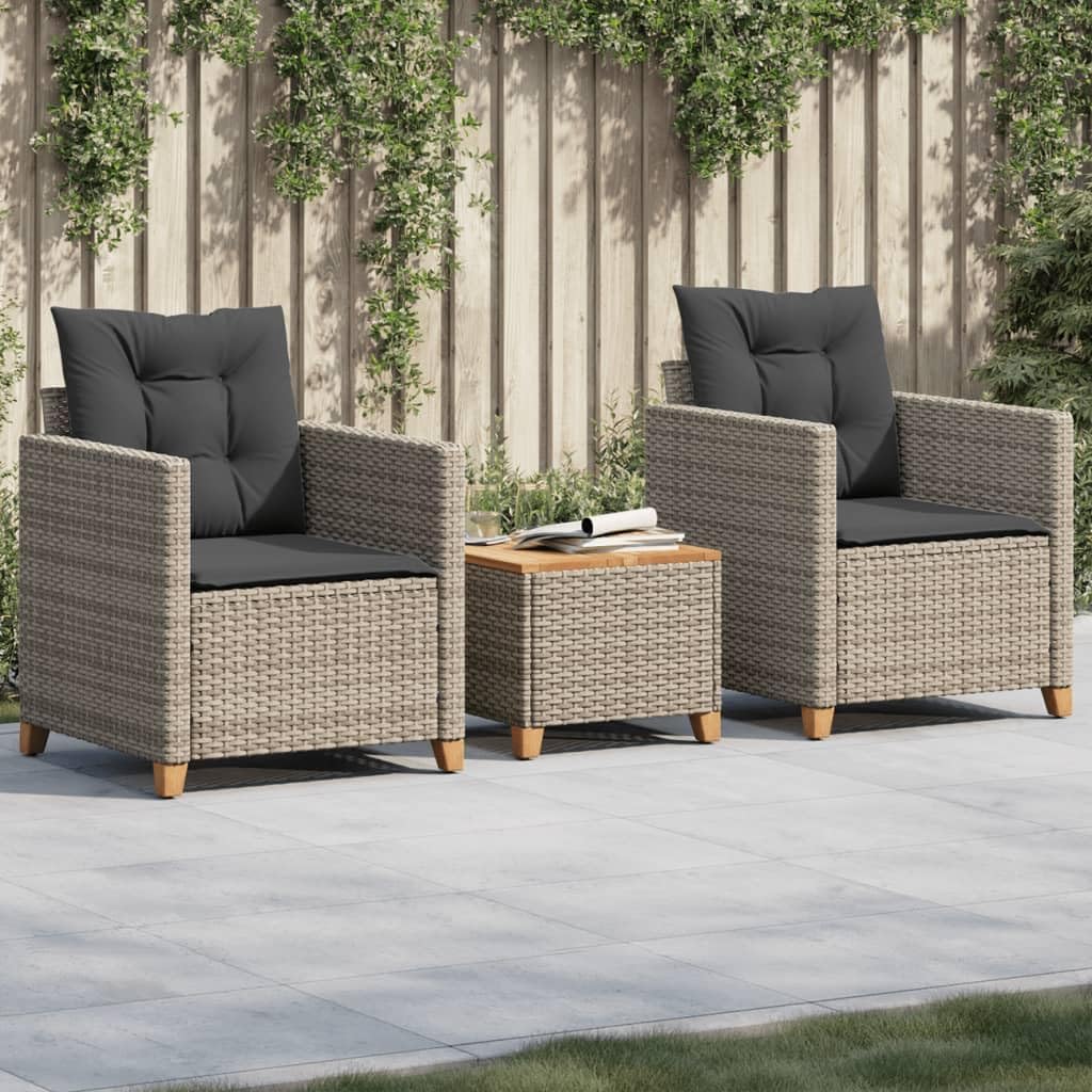 3 Piece Bistro Set with Cushions Gray Poly Rattan Acacia Wood, Patio Furniture Sets, Outdoor Furniture