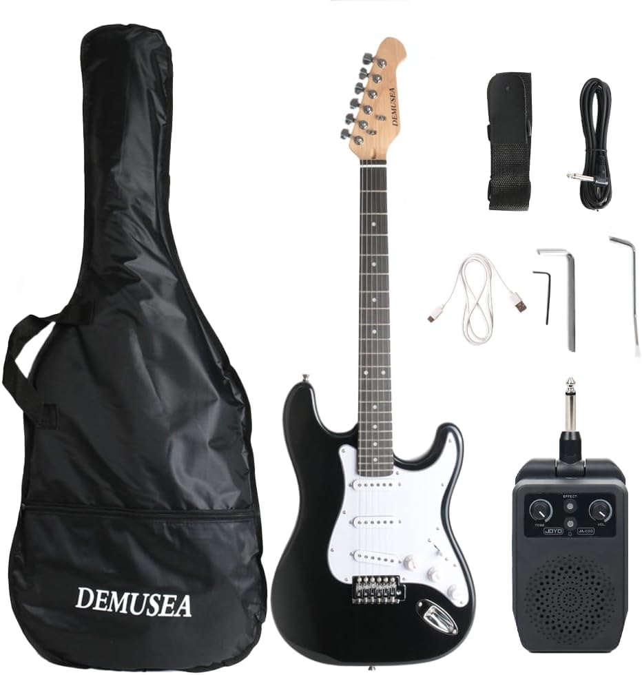 Full size electric guitar kit package black color single tremolo bridge with 5W plug in charging amplifier portable travel amp set practice for beginner starter with strap gigbag bundle (BKST-30)
