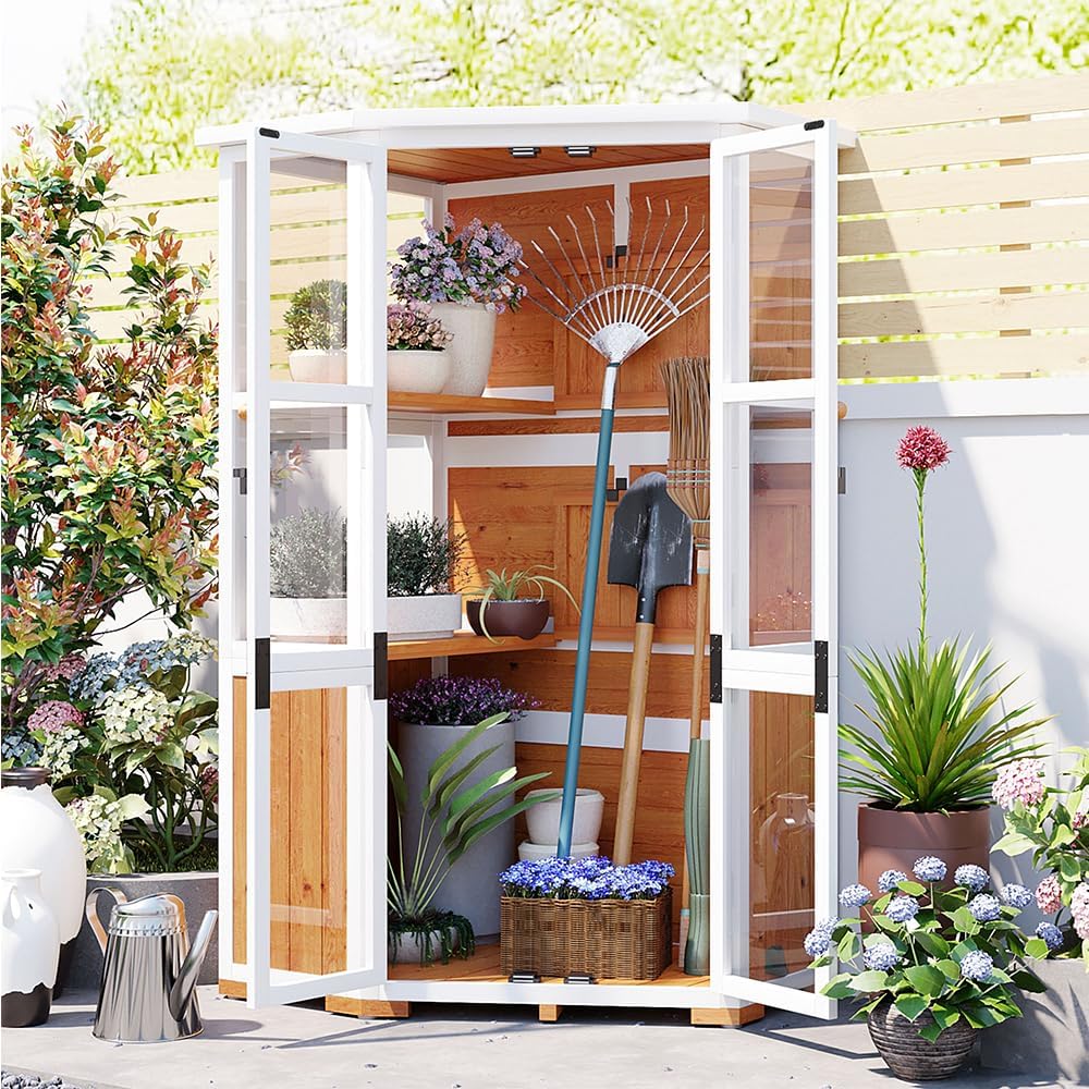 63'' Height Garden Wood Storage Cabinet Outdoor Tool Storage Shed, Mini Greenhouse Cold Frame with Waterproof- Roof and Lockable Door for Backyard,Patio, Lawn