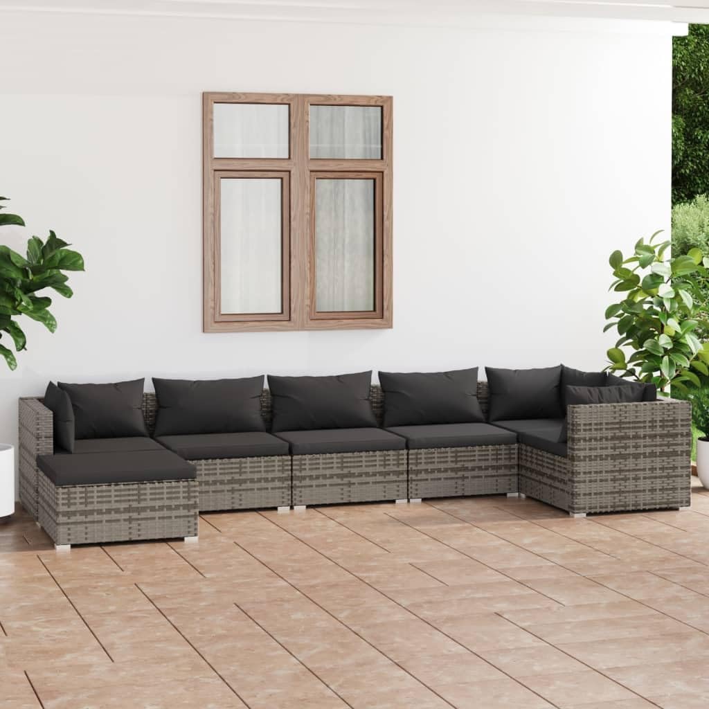 7 Piece Patio Lounge Set with Cushions Poly Rattan Gray,Versatile Patio Lounge Set with Modular Design and Comfortable Cushions Patio Furniture Sets, Outdoor Furniture Sets
