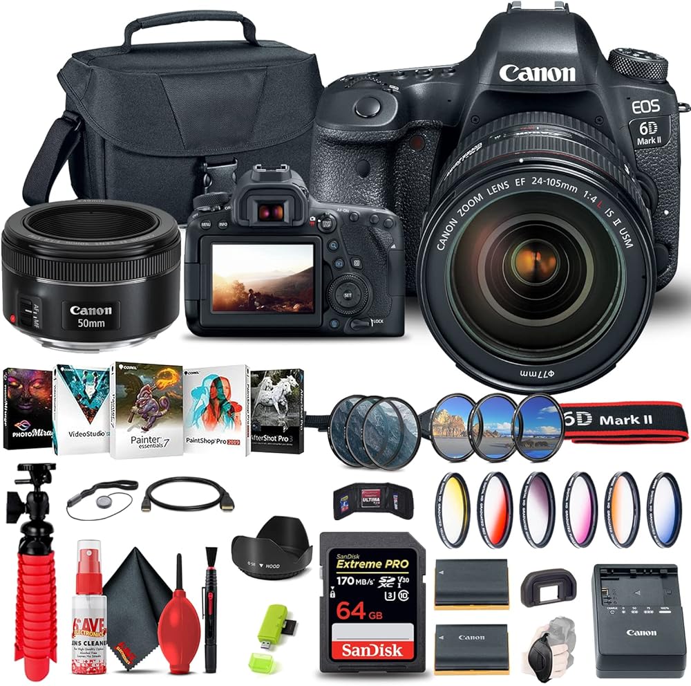 Canon EOS 6D Mark II DSLR Camera with 24-105mm f/4L II Lens (1897C009) + Canon EF 50mm Lens + 64GB Memory Card + Color Filter Kit + Case + Filter Kit + Photo Software + LPE6 Battery + More (Renewed)