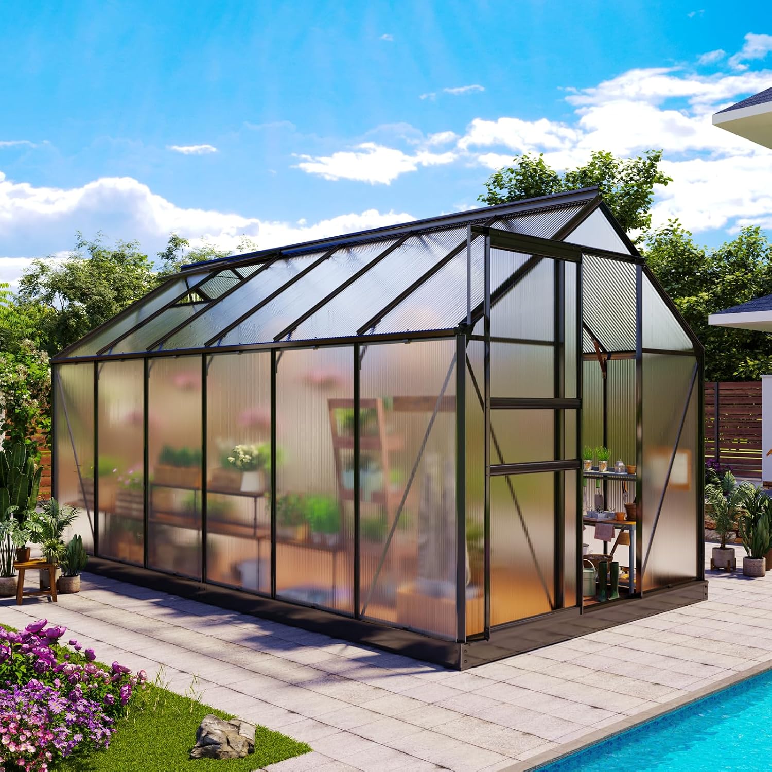 12x6ft Polycarbonate Greenhouse, Heavy Duty Walk-in Aluminum Greenhouse for Outdoors, Garden, Backyard, with Ventilation Window, Rain Gutter, Sliding Door