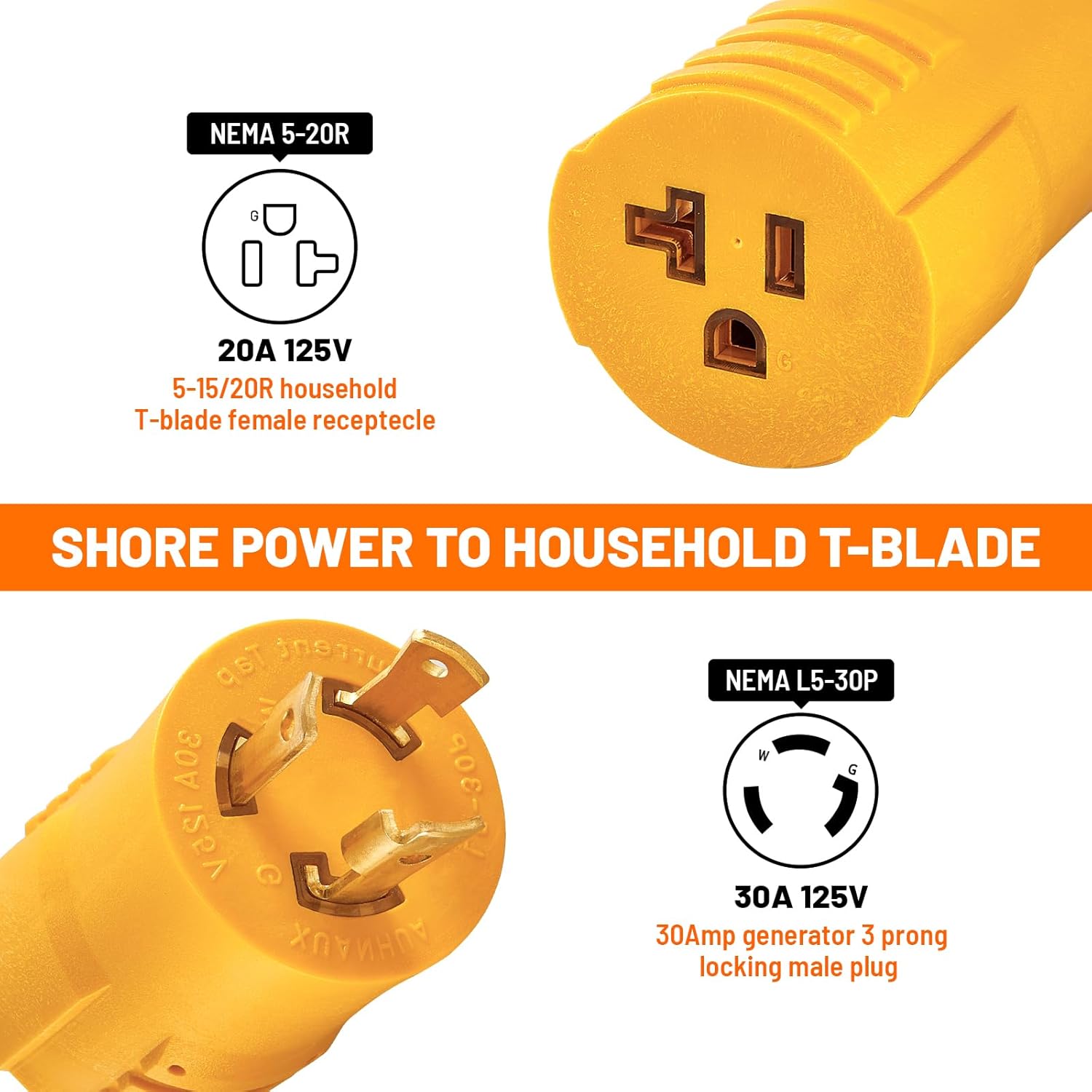 Marine Shore Power Dogbone Adapter, Marine 50A SS2-50P to 30A L5-30R with Locking Ring, NEMA L5-30P to 5-15/20R RV Generator Adapter Marine 30 Amp to 110 15 Amp Household Regular,
