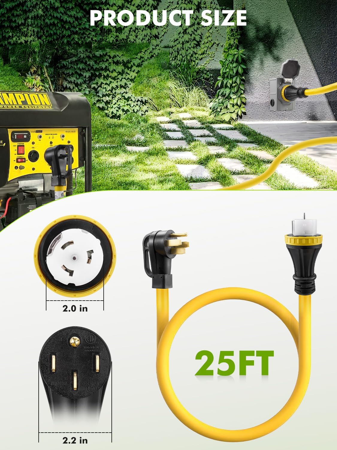 50 Amp 25Feet Generator Cord and Power Inlet Box Combo Kit, UL Listed, NEMA 14-50P Male to SS2-50R 125/250V Twist Locking with Inlet Box for RV Camper and Generator to House