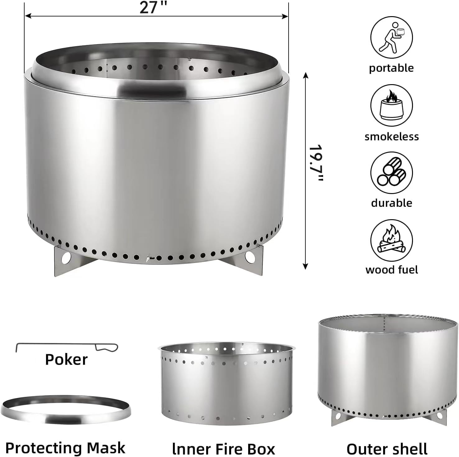 27 Inch Stainless Steel Fire Pit, Large Smokeless Fire Pit for Outdoor, Wood Burning Firepits with Removable Stand and Ash Pan, Perfect for Bonfire, Camping, Picnic, Family Gatherings for Garden