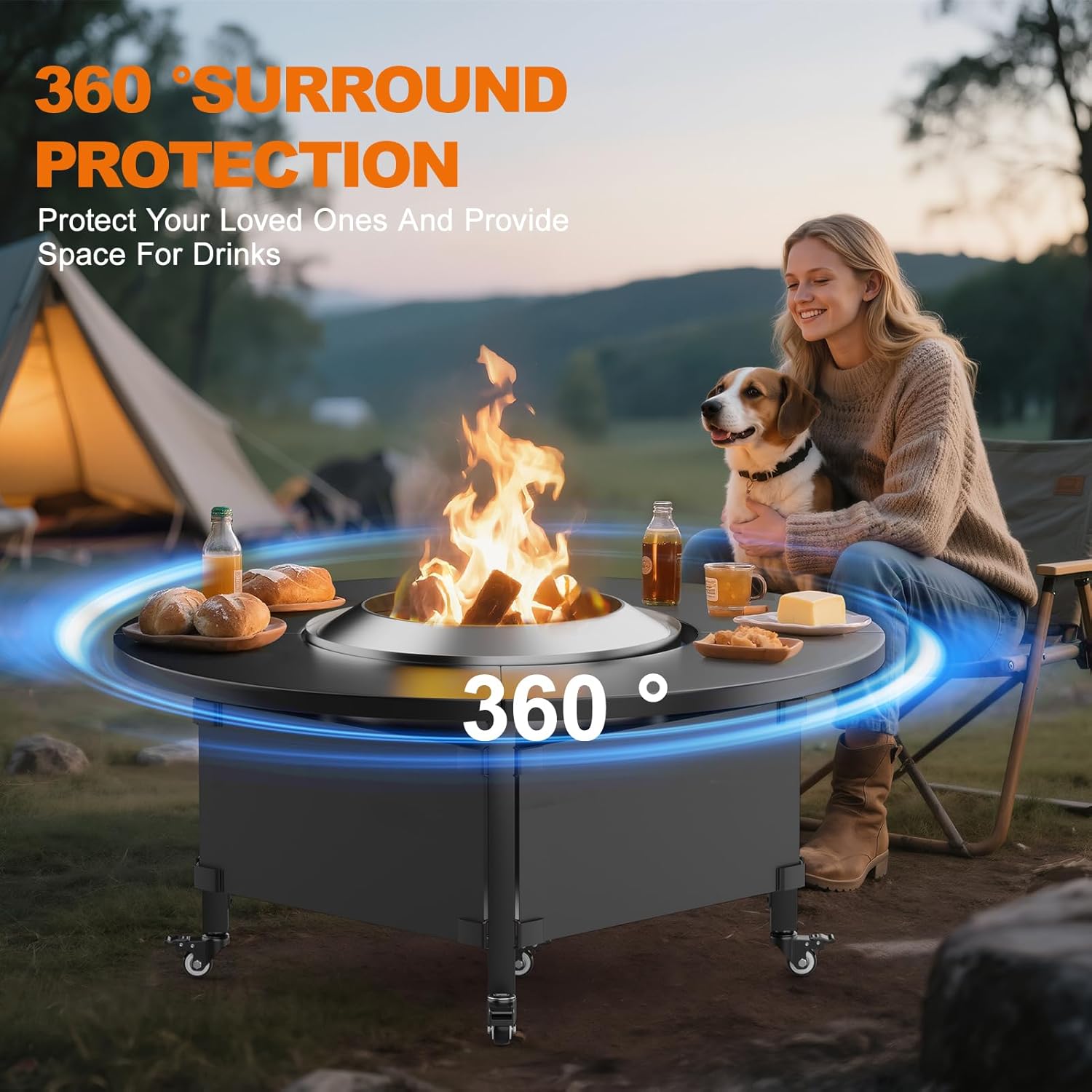 Fire Pit Surround Tabletop for Solo Stove Bonfire,Foldable Surround Table with Wheels for Safety & Easy Clean,42