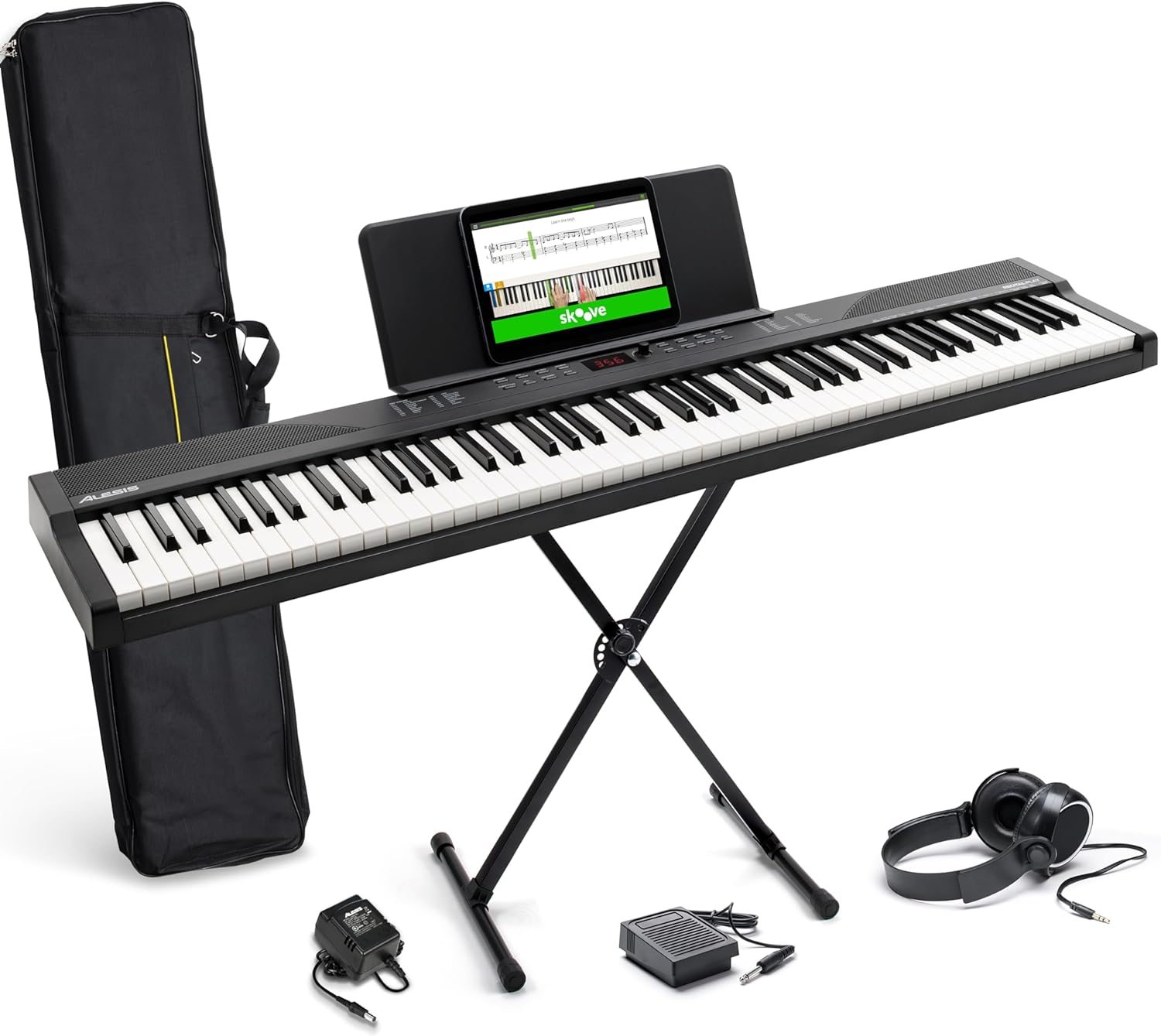 Alesis 88 Key Keyboard Piano with 480 Sounds, Speakers, USB MIDI, Carry-Bag, Stand, Headphones, Pedal and Piano Lessons for Beginners