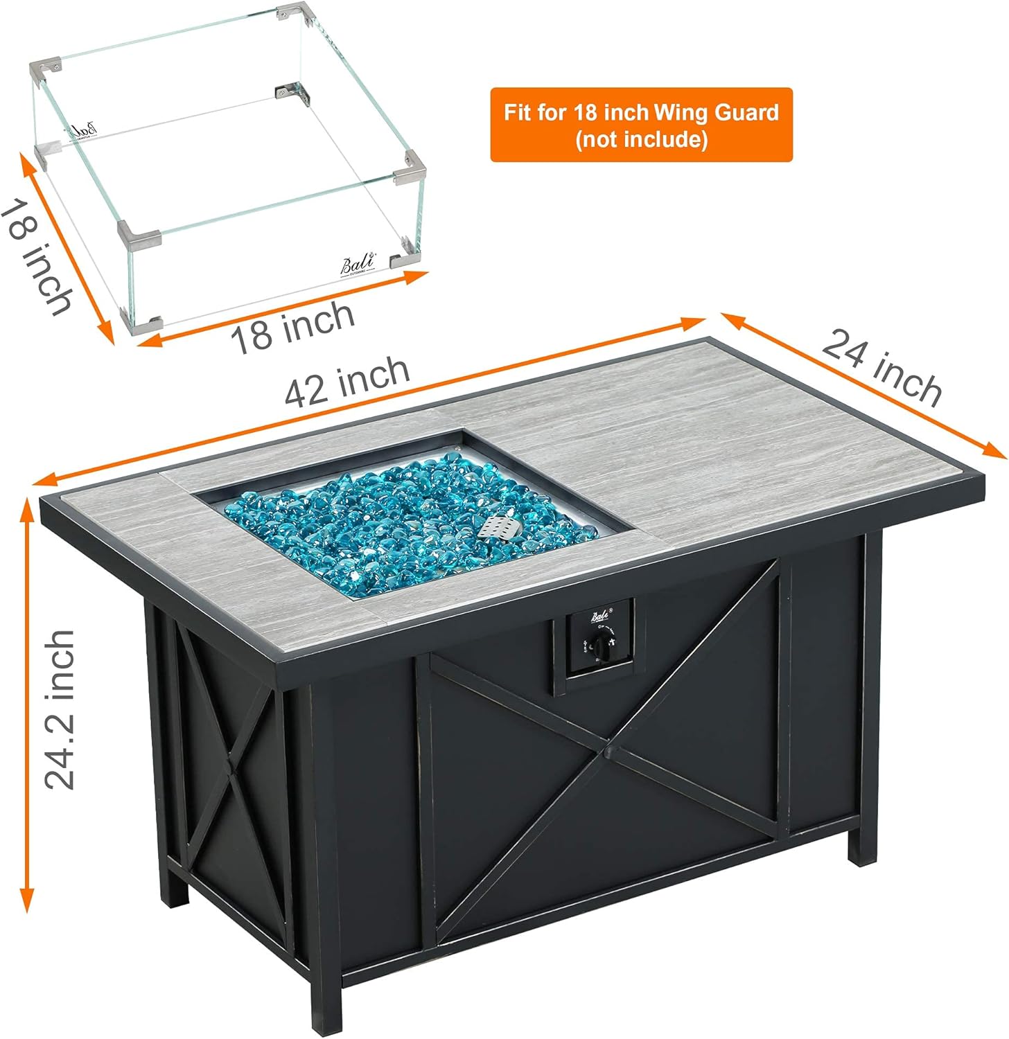 BALI OUTDOORS 42 inch 50,000 BTU Rectangular Propane Gas Fire Pit Table with Fire Glass and Table Lid, Fire Pits Outdoor for Garden, Patio, Backyard