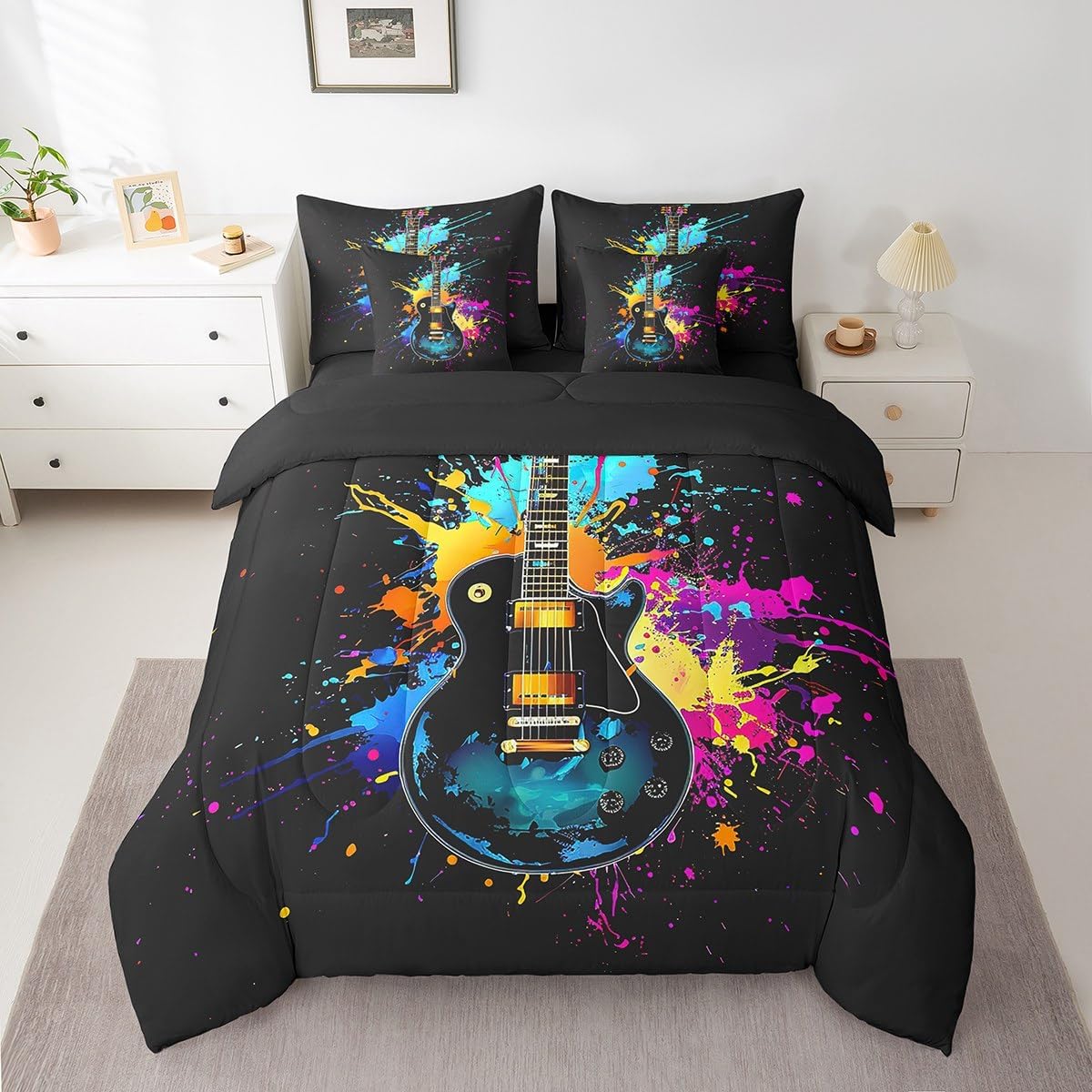 Feelyou Rock Music Bass Comforter Set 7 Piece Queen Size Kids Boys Girls Bedding Queen Comforter Set Guitar Bedding Set Soft Microfiber Bed Set with Sheets Pillowcase and Pillow Covers