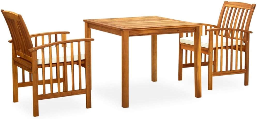 3 Piece Patio Dining Set with Cushions Solid Acacia Wood,Acacia Wood Patio Dining Set with Cushioned Chairs and Umbrella Hole Table Furniture Sets for Patio, Lawn & Garden