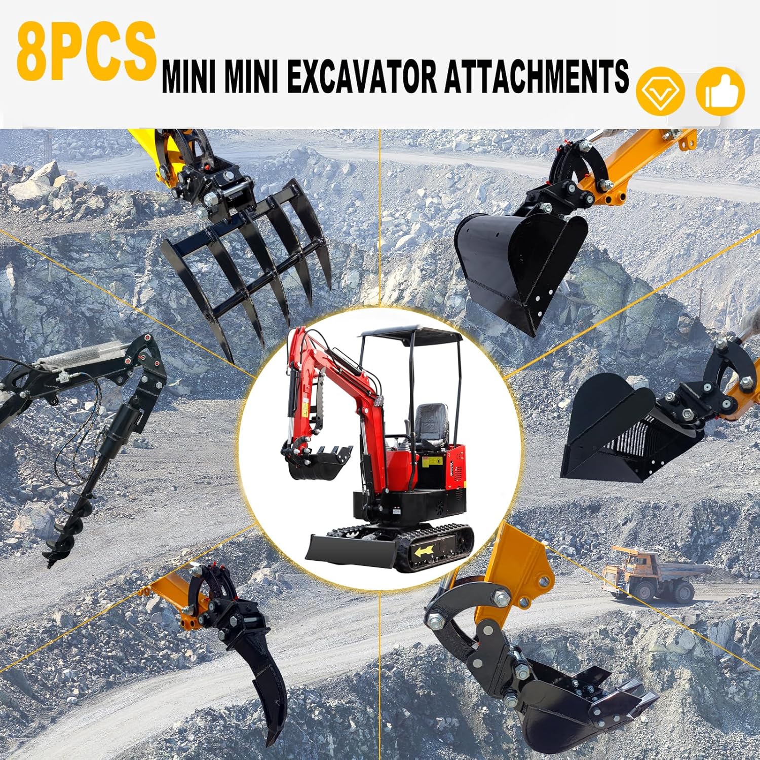 USA Stock Mini Excavator Attachments with Narrow Bucket, Ripper, Rake Auger, Grapple, Quick Hitch, Screening Bucket Total 8pcs Excavator Accessories Kit