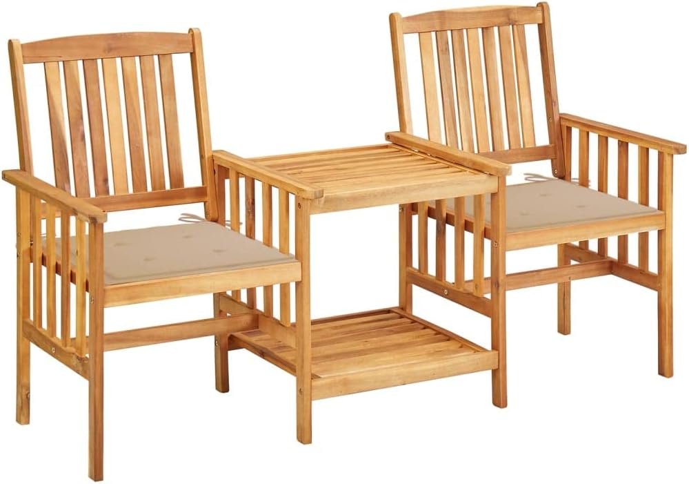Patio Chairs with Tea Table and Cushions Solid Acacia Wood,Rustic Outdoor Bistro Set with Acacia Wood Table and Comfortable Beige Cushions Patio Furniture, Outdoor Furniture Sets