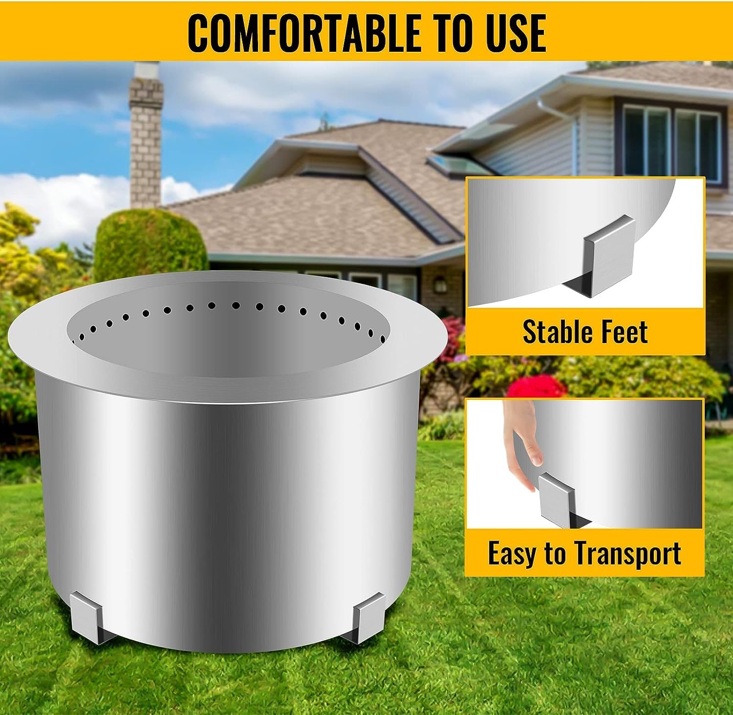 Smokeless Patio Fire Pit, Wood Burning Outdoor Fire Pit - Includes Wood Pack, Modern Design with Removable Ash Pan, 21.5-28.5 Inches, Black,Silver,21.5 Inch