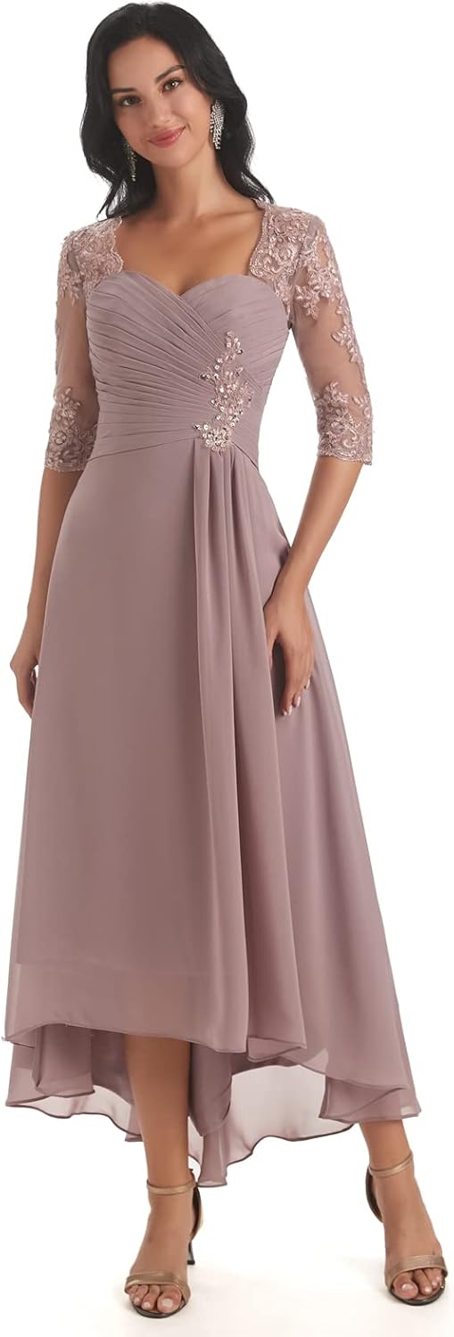 Sukleet Women's Lace Applique Mother of The Bride Dresses Tea Length Short Sleeves Chiffon Pleated Formal Wedding Guest Dress
