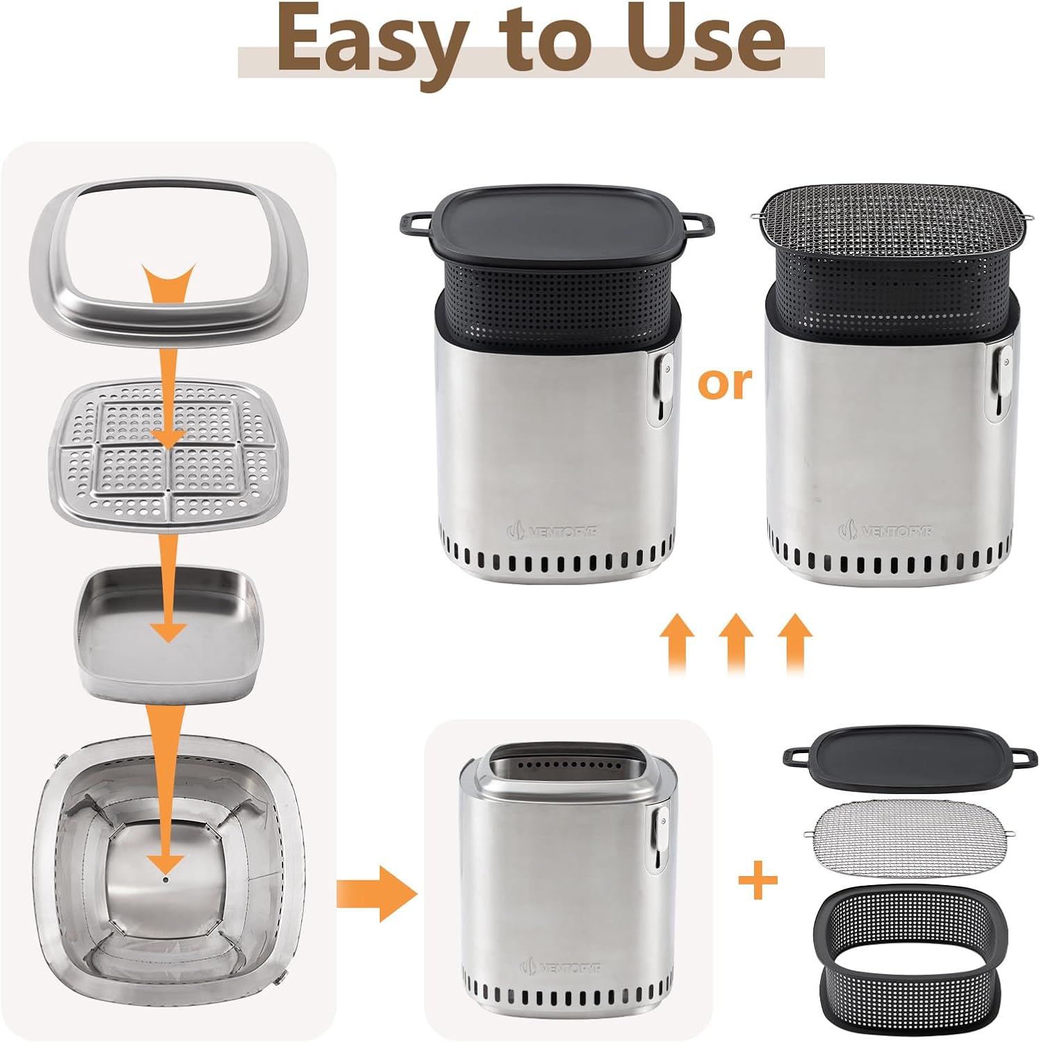 Smokeless Fire Pit, Stainless Steel Stove with Adjustable Firepower, Removable Ash Pan, Portable Camping Fire Table Wood Burning with Grill Grid and Grate for BBQ, Travel