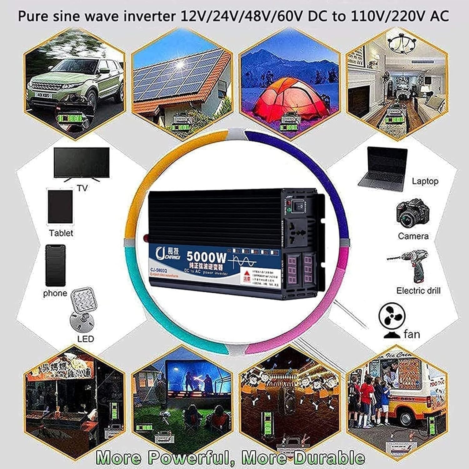 Pure Sine Wave Power Inverter 3000W 4000W 5000W DC 12v 24v 48v 60v to AC 110v-220v Converter with LCD Display USB Port and Outlets Suitable for Camping and Household 3000W-12Vto220V(60vto220v,3000W)