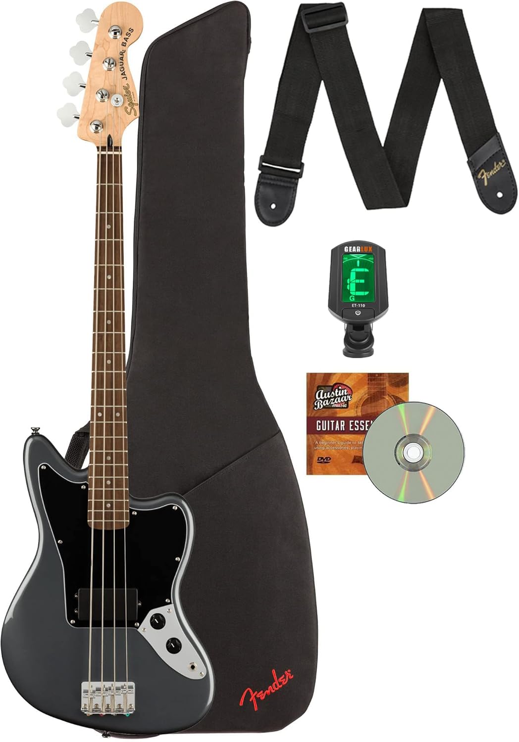 Fender Squier Affinity Jaguar Bass H - Charcoal Frost Metallic Bundle with Gig Bag, Tuner, Strap, and Austin Bazaar Instructional DVD