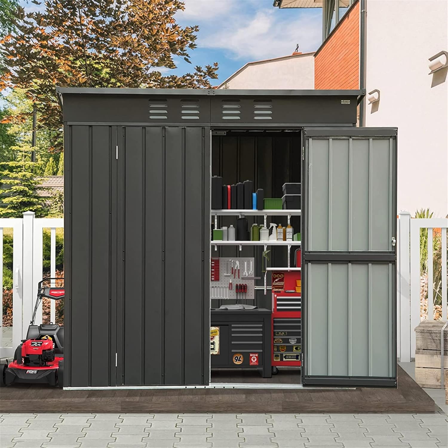 6Ft x 4Ft Metal Outdoor Garden Shed with Sloping Roof, Outside Waterproof Steel Storage Shed, with Lockable Door Latch & Air Vents, Tool Organizer House for Backyard, Patio, Lawn, Black