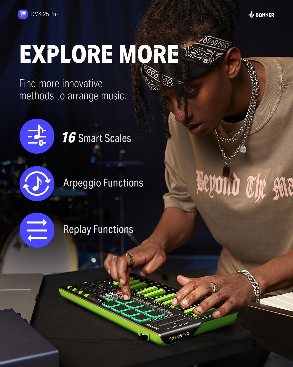 Donner DMK25 Pro MIDI Keyboard Controller, 25 Mini Key Portable USB-C MIDI Controller with 8 Drum Pads, OLED Display, Personalized Touch Bar, Music Production Software and 40 Teaching Courses, Green