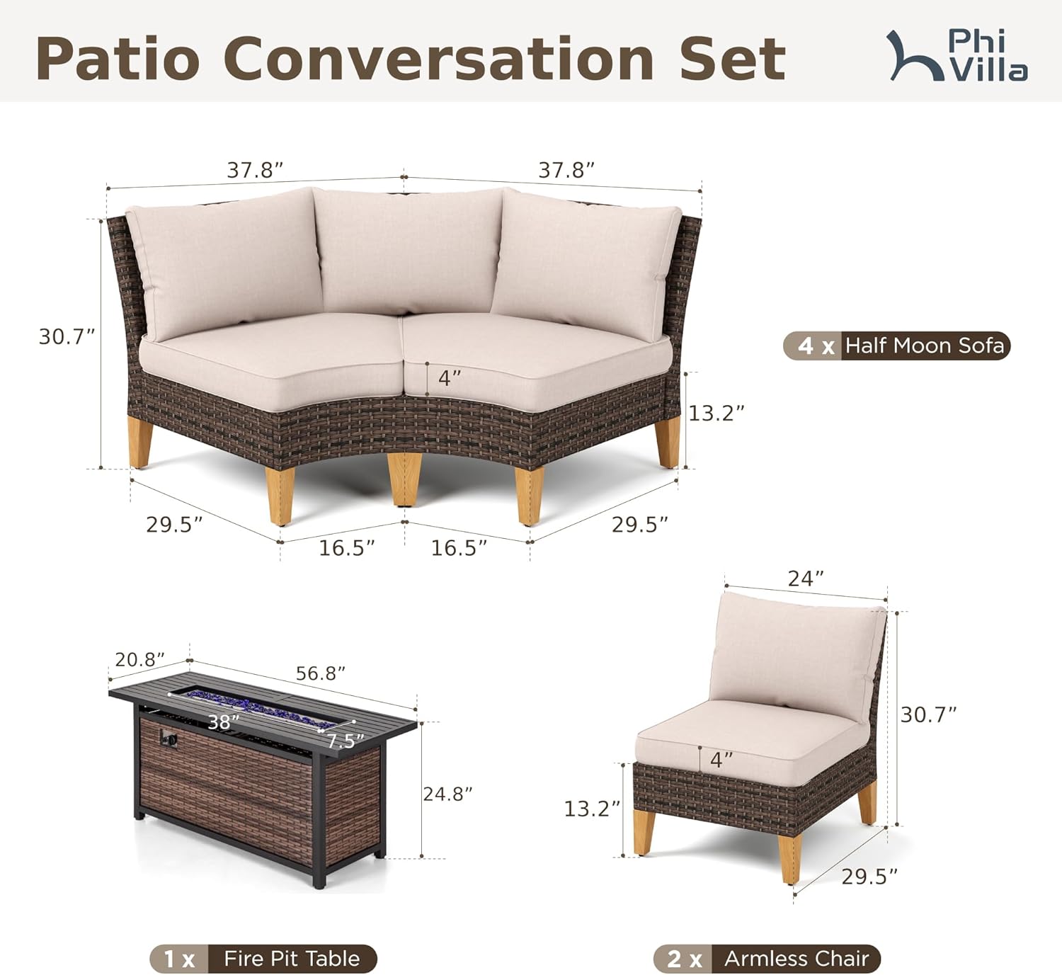 PHI VILLA 7-Piece Half Moon Patio Furniture Set with 56