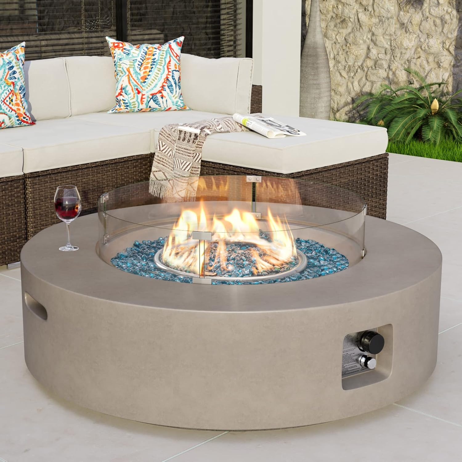 COSIEST Outdoor Propane Fire Pit Coffee Table w Gray 40.5-inch Round Base Patio Heater, Certified, 50,000 BTU Stainless Steel Burner, Wind Guard, Aqua Blue Fire Glass, Rain Cover
