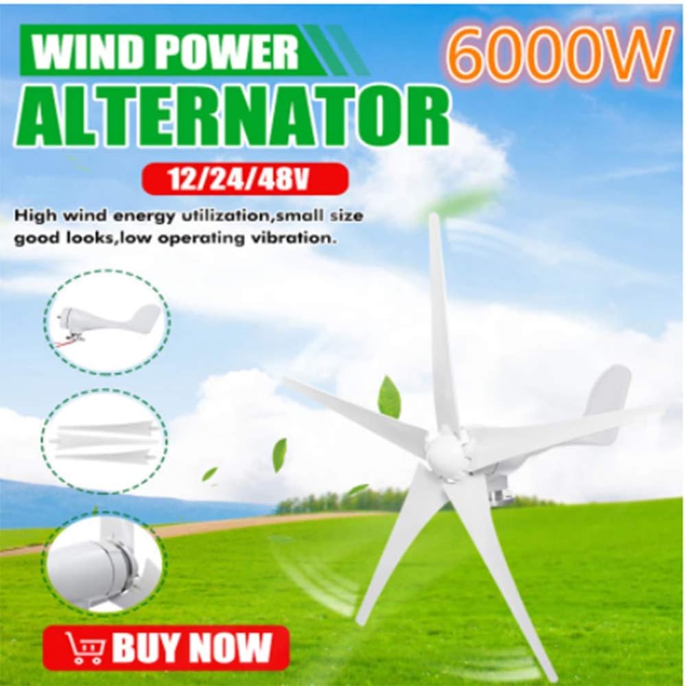 6000W 12/24/48V Wind Power Turbines Generator 3/5 Wind Blades Option with Waterproof Charge Controller Fit for Home Or Camping,3 Blades,24v