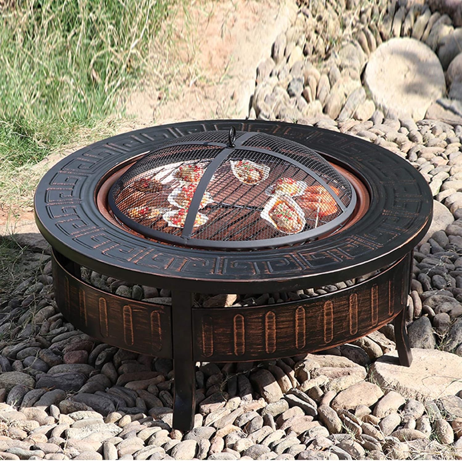 Outdoor Fire Pit Portable Garden Bonfire Pit and 4 Leisure Stools, Outdoor Heater with Cooking Grill, Wood Burning Fire Pit, 81cm/31.8