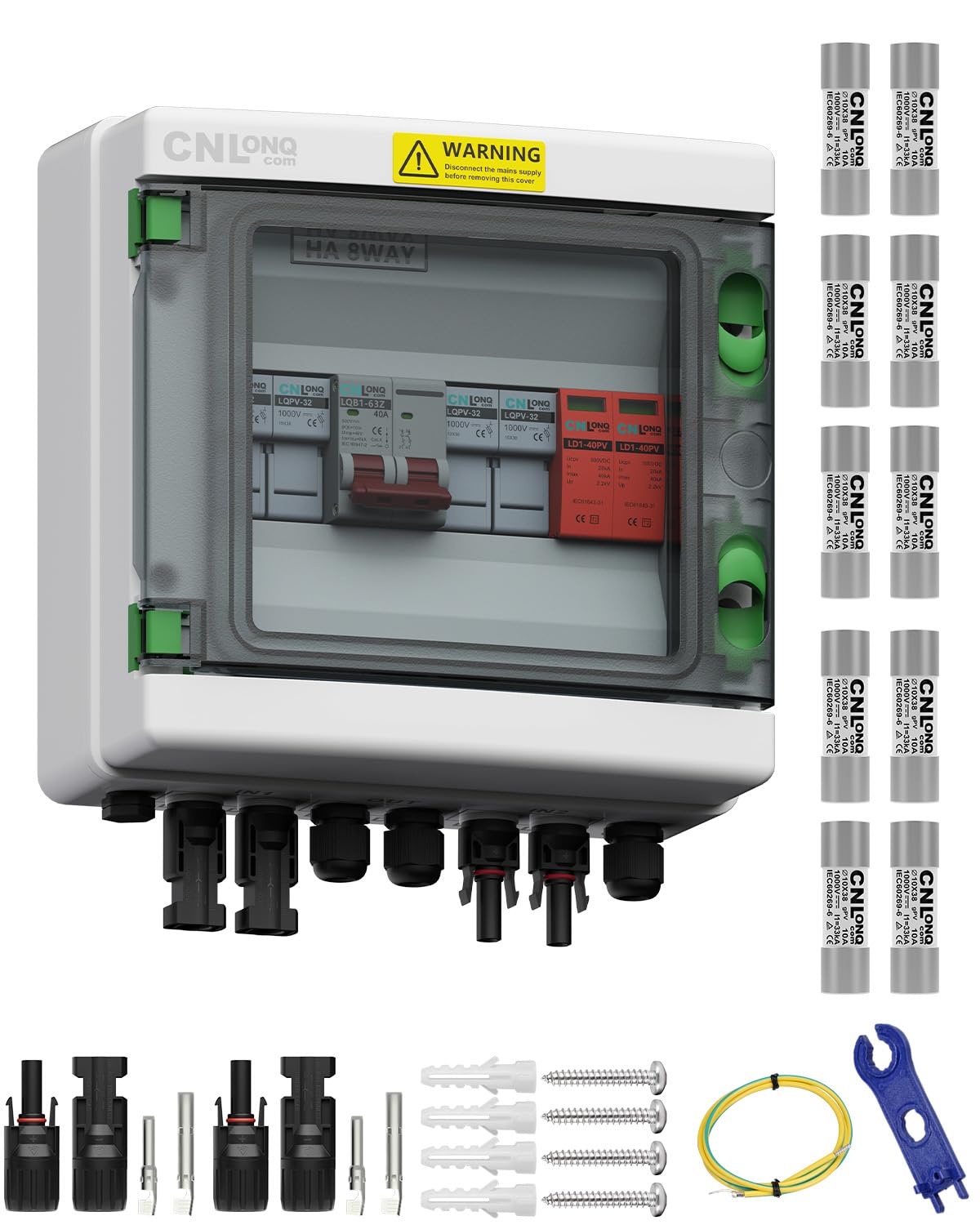 2 String Solar PV Combiner Box IP65 2 in 1 Out DC500V 40A Circuit Breaker & 10pcs Fuse Link 10A 1000V DC with Surge Protector and 20A PV Fuse,Solar Disconnect Switch Outdoor Waterproof for Solar Panel