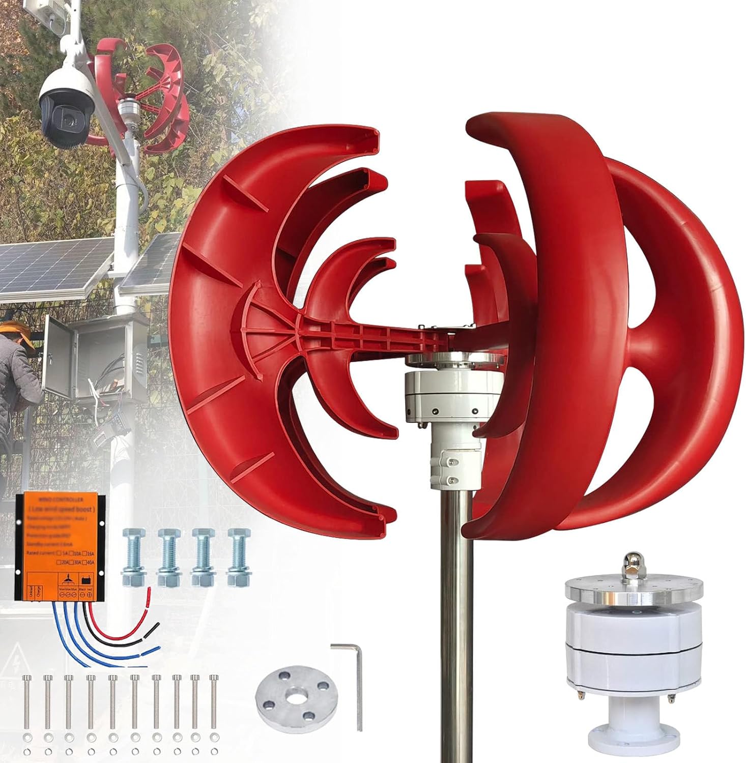 Wind Turbine 8000W 12V/24V/48V 5 Blade Wind Vertical Generator 3 Phase AC Permanent Magnet Generator Wind Turbine Kit with Controller for Hybrid Wind Solar,Red48V