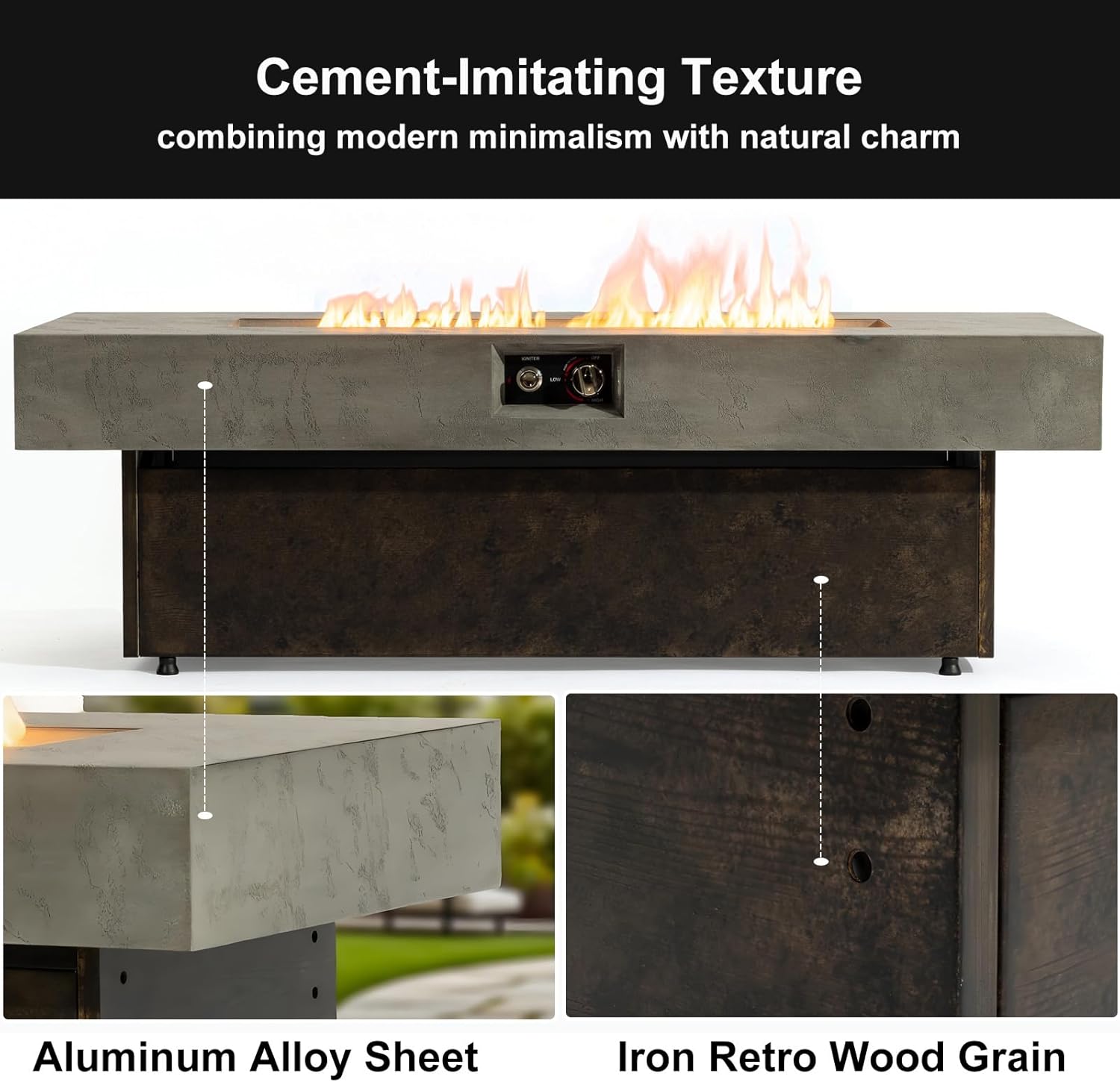 Propane Fire Pit Table, 55 Inch Firepits for Outside, Rectangle Gas Fire Pits for Outside Patio, Deck, Backyard, 50000 BTU, Free Waterproof Cover, Tank Outside, Tank Not Included, Brown+Gray