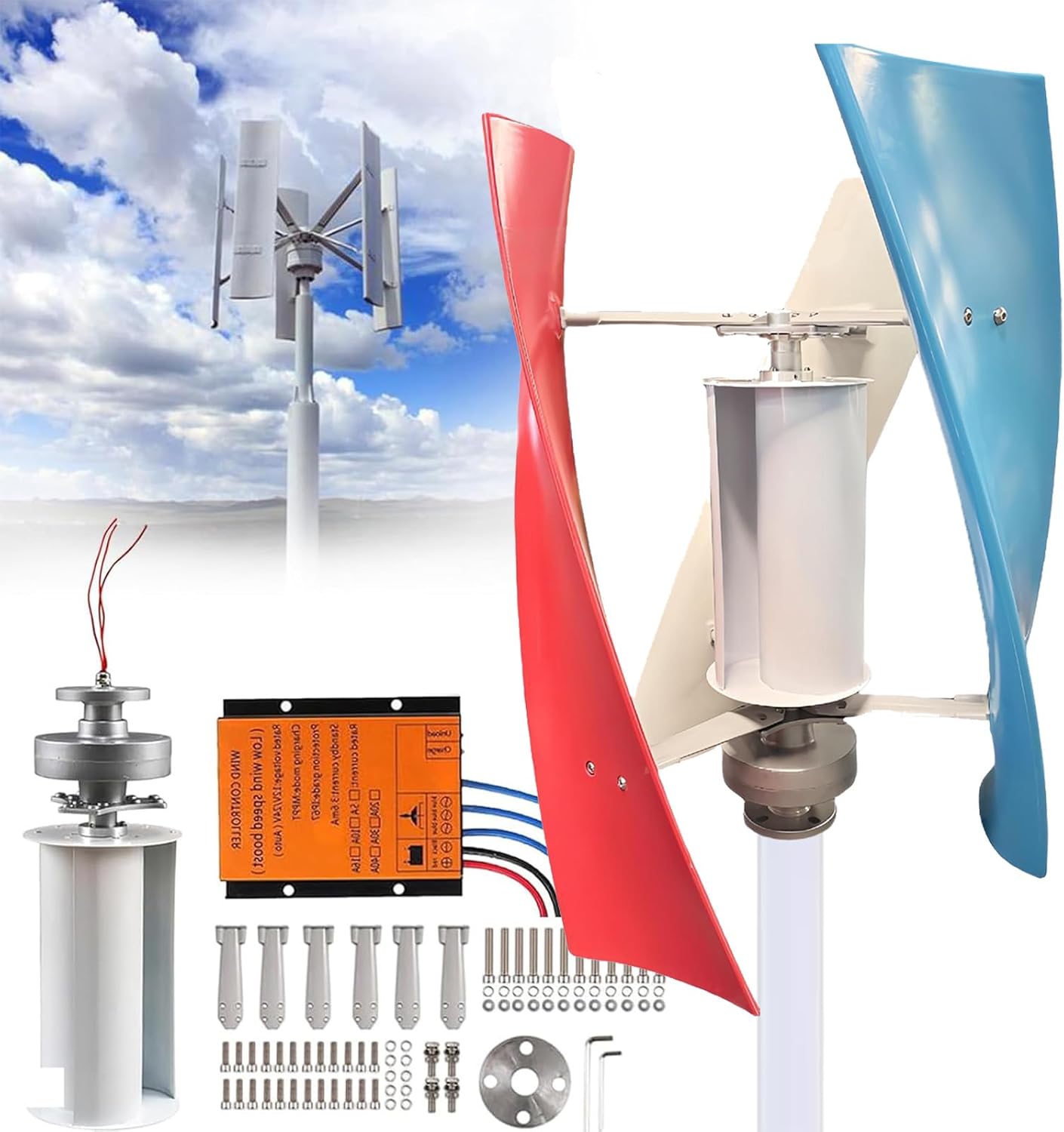 Magnetic Levitation Vertical Axis Wind Turbine, Three Curved Nylon Fiber Blades, 360° Automatic Wind Direction Adaptation, Ultra Quiet for Yard, Boat, Cabin & Street Lighting Multi-100W