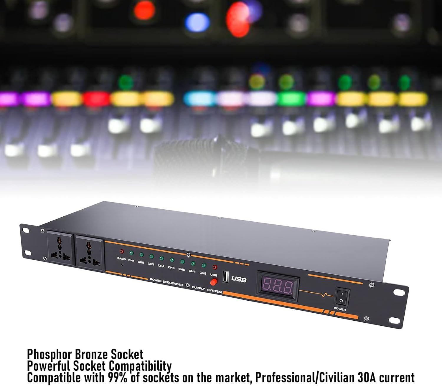 PUSOKEI 10 Outlet Power Sequencer Conditioner, Audio Equipment Power Sequencer Regulator with Digital Display, Rack Mount, for Home Theater, Stage, Studio (10 Outlet)