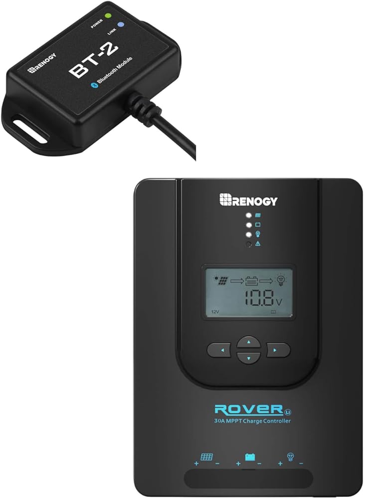 Rover 30A MPPT Solar Charge Controller & BT-2 Wireless Monitor - Auto-Adjust 12V/24V for Lithium/Gel/AGM Batteries + App Control, 6kV Surge Protection, Weatherproof