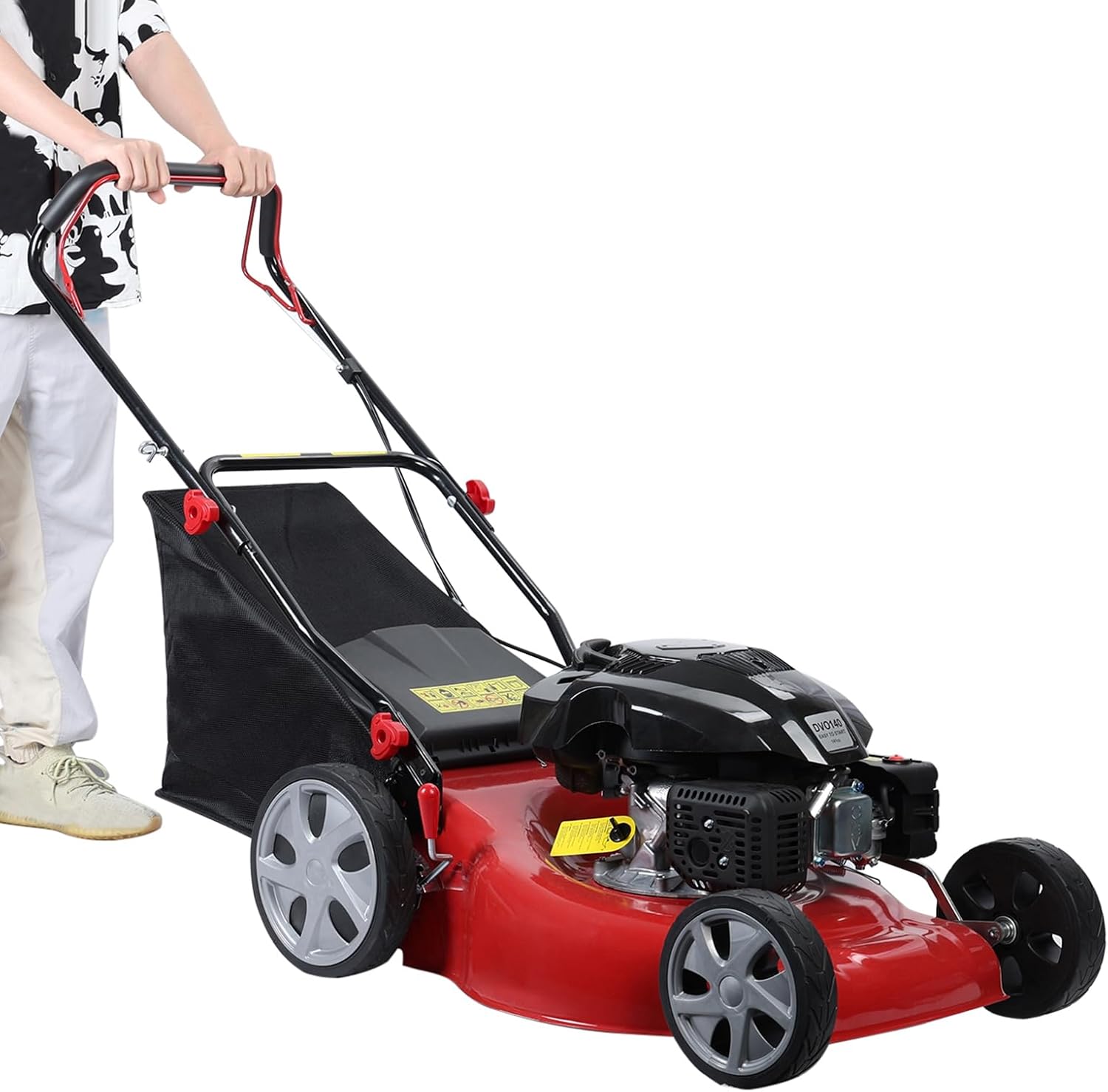 Self Propelled Lawn Mower, Gas Powered Push Mower with 20-Inch Cutting Deck and 4-Stroke Engine, Walk Behind Mower, High Wheel Lawn Mower with 50L Grass Bag, Suitable for Medium to Large Yards Red