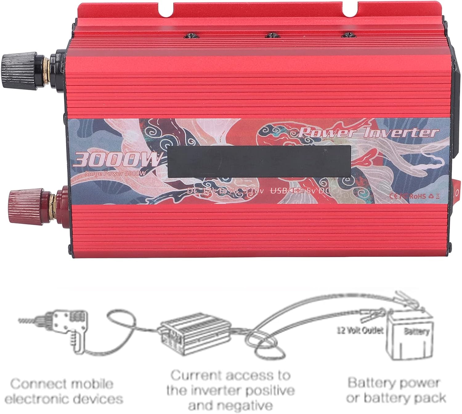 Smart Power Inverters, 3000w, DC 12V to AC 110V Smart Power Convertor, Pure Sine Inverter for Refrigerator, Solar & Wind Power(Red)