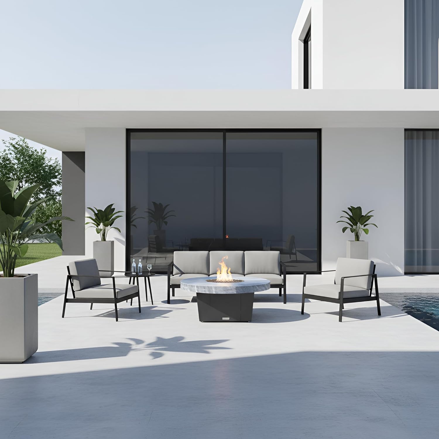 COOKE Parkway Circular Fire Pit Table - 48 Diam - Natural Gas - Brushed Aluminum Top - Grey Texture Powdercoat Base