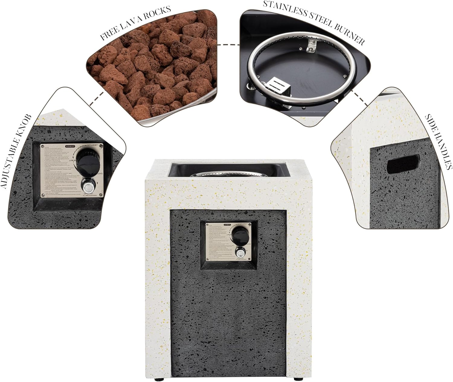 COSIEST Outdoor Propane Fire Pit Table w Compact Ledgestone 19-inch Square Graphite Base with Waterproof Cover, Certified, 40,000 BTU, Free Lava Rocks, Touch-up Pen, Fits 20lb (Grey&White)