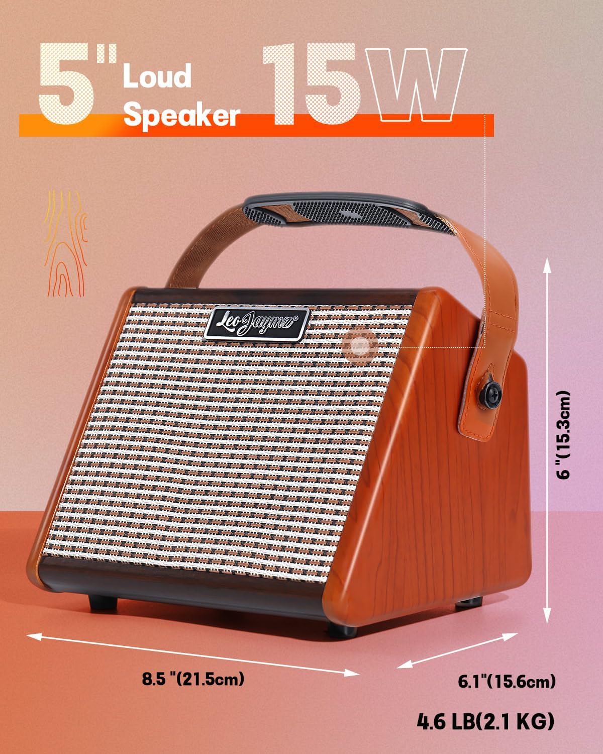 Leo Jaymz 15W Portable Electric Guitar Amp with BT, Rechargeable Battery, Built-in Effects Reverb, Overdrive, EQ, Woodgrain Finish, and 6.35mm Headphone Jack (AG-15)