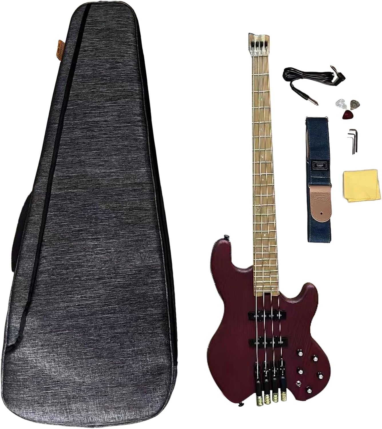 4-String Headless Electric Bass Guitar with ASH Body & Roasted Maple Neck – Active/Passive J-Style Pickups, 24 Stainless Steel Frets, Matte Finish Solid Body Bass (Dark Red with Bag)