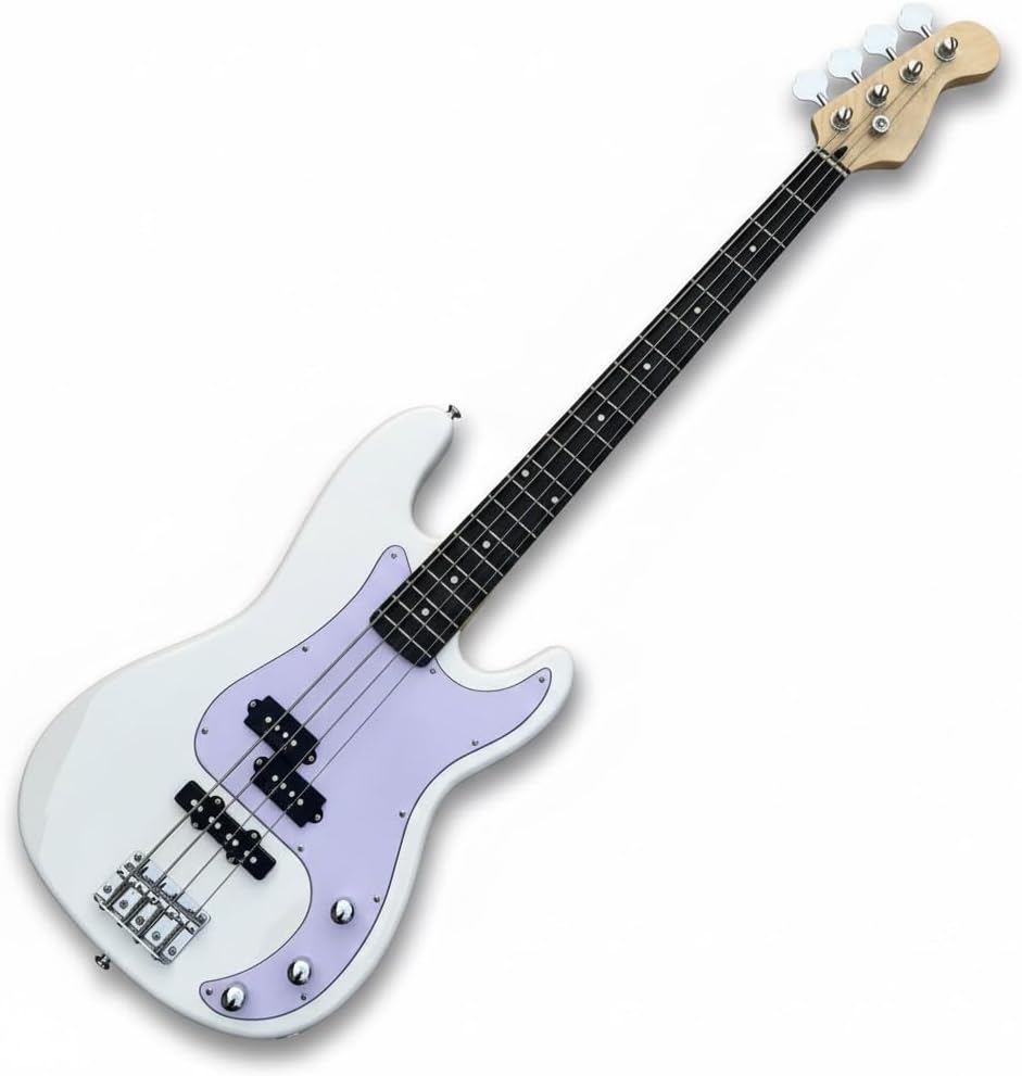 Electric Bass Guitar 4 String Full Size Pickups White Body with Lavender Pickguard for Beginners & Students
